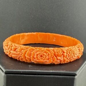 Vintage Retro Bangle Bracelet Orange Molded Celluloid FLower 8"